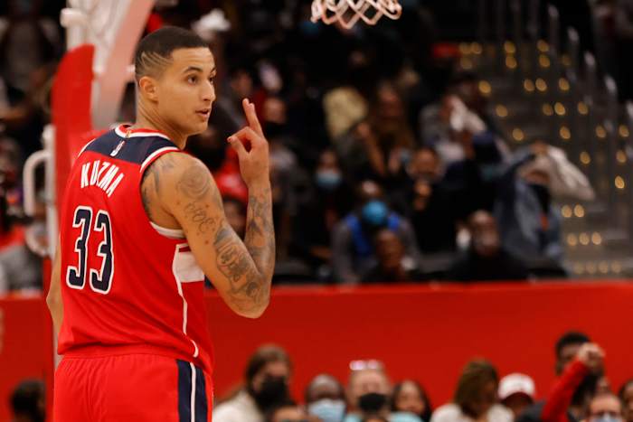 Wizards forward Kyle Kuzma celebrates a made shot.